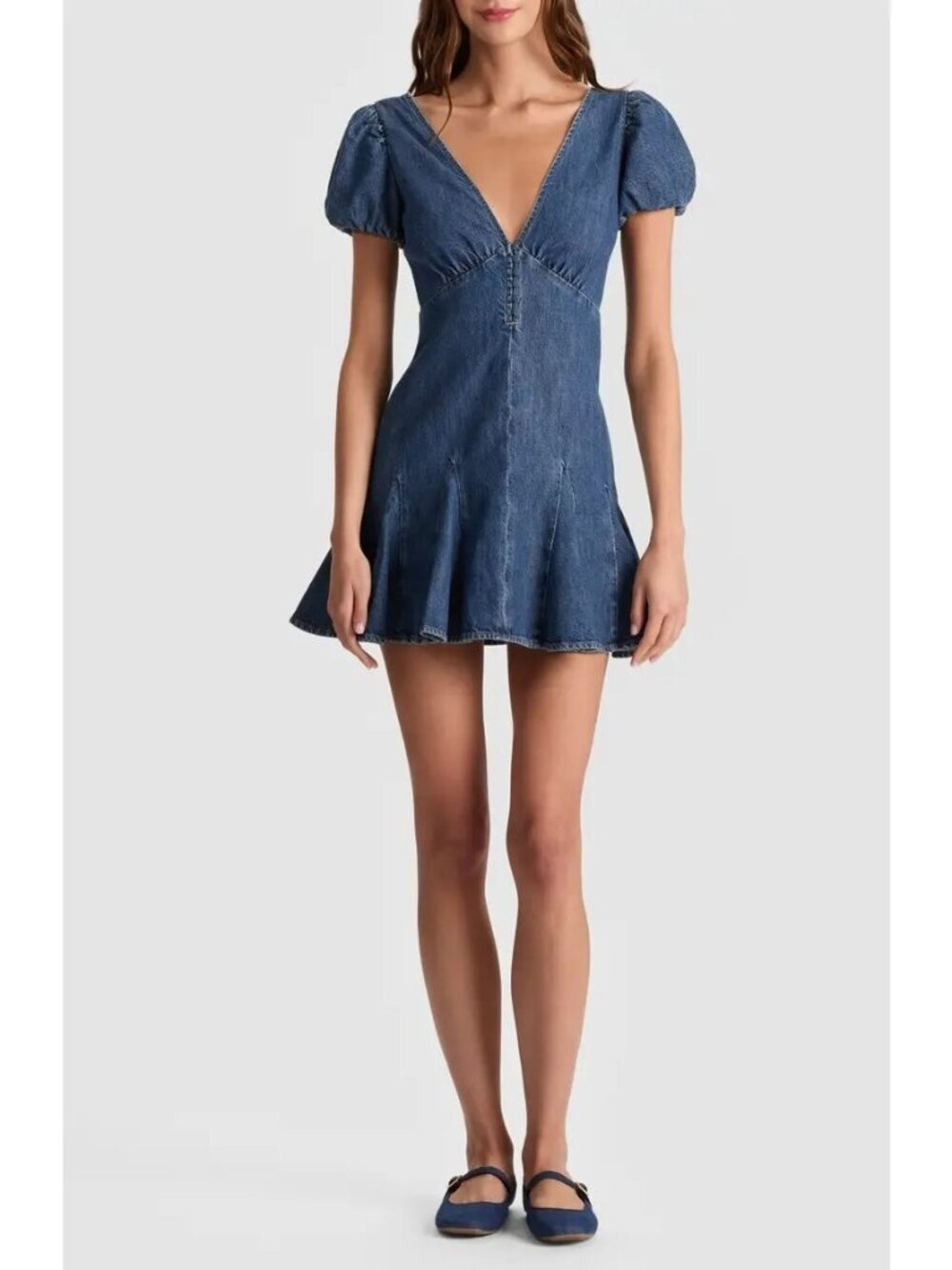 Alice + Olivia Fara Puff Sleeve Denim Minidress 12 NWT